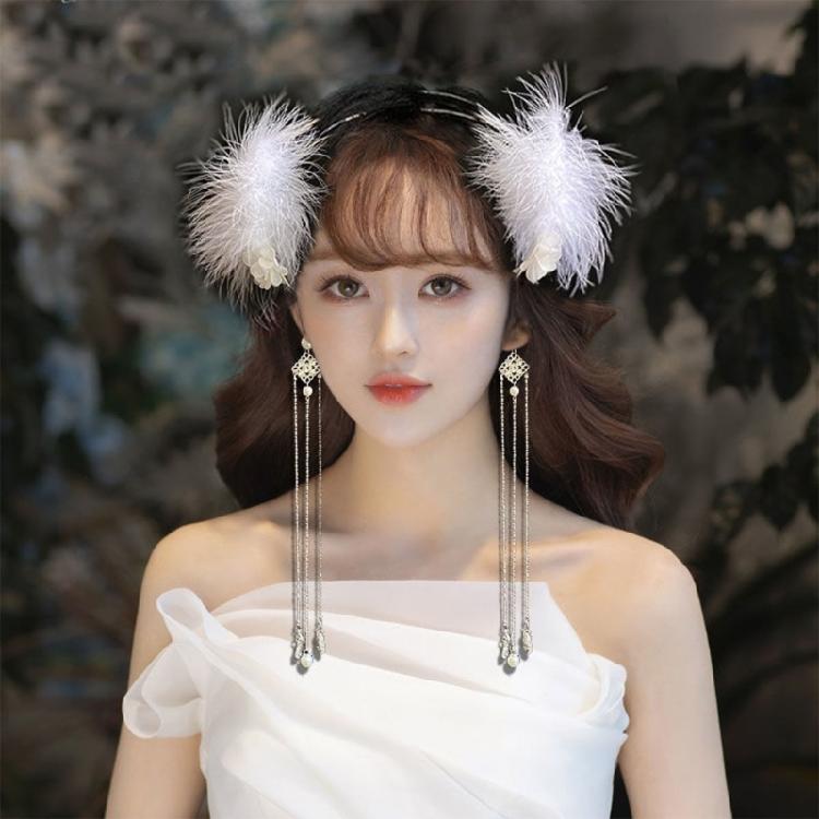Feather Headband with Tassel White Feather Hair Hoop Headwear for Women