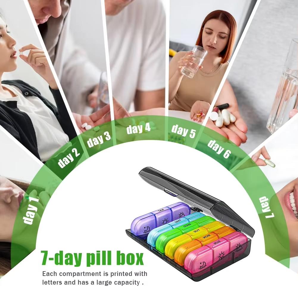 Weekly Portable Pill Cases Box Organizer 7Days 21Grids 3Times Portable Travel with Large Compartments for Vitamins Medicine Fish Oils