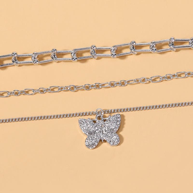 Diamond Butterfly Pendant Jewelry Thick Chain Multi-layer Necklace Exaggerated Personality Collarbone Chain