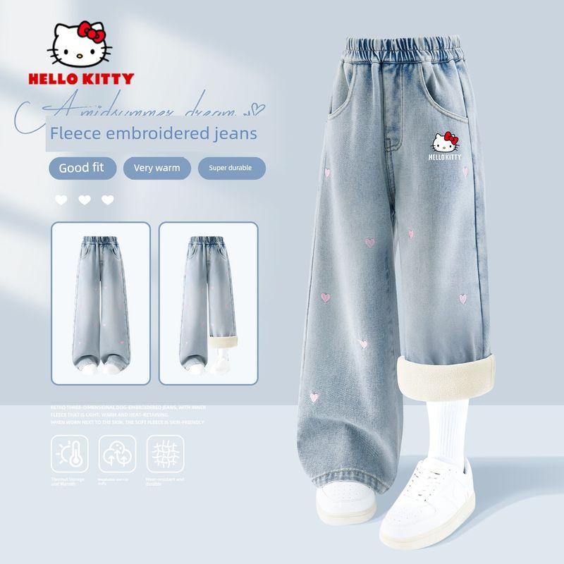 Девочкины штаны Hello Kitty 2025 Новый Зимний Утепленные с флисовой подкладкой Цельные флисовые спортивные штаны Детские зимние джинсы Ti Tongxing K Denim Light Blue 160