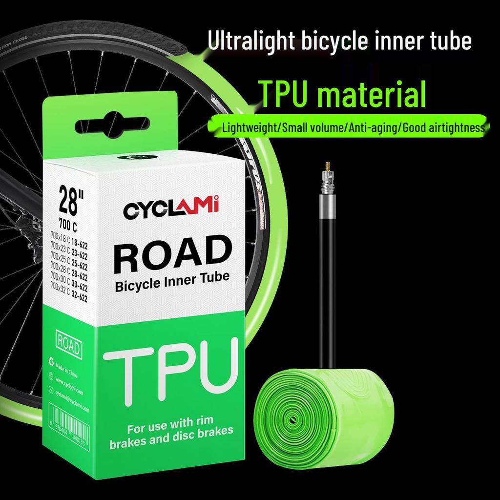 CYCLAMI Ultralight TPU Inner Tube with Free Tire Patches and Levers - 30g, Presta Valve, Puncture Proof Road Bike Tire.