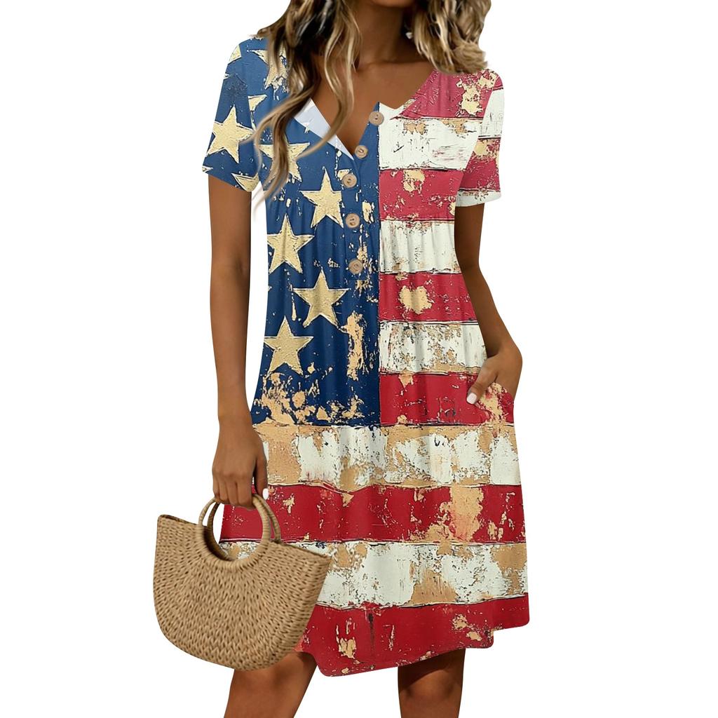 Damen Casual Kurzarm Hemdblusenkleid mit Knopfleiste Blumendruck Rundhalsausschnitt Lockerer Schnitt Knielanges Kleid mit Taschen für den Alltag