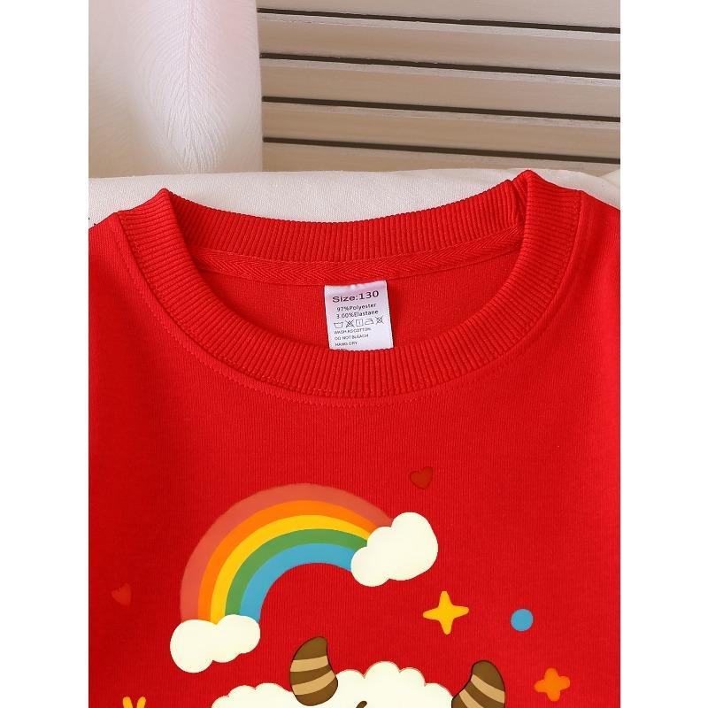 Girls Soft Crewneck SweatshirtCute Cartoon Bull Rainbow Print Design with Cute Creative Print, Casual All-Match for Fall Winter, Ideal Holiday Present