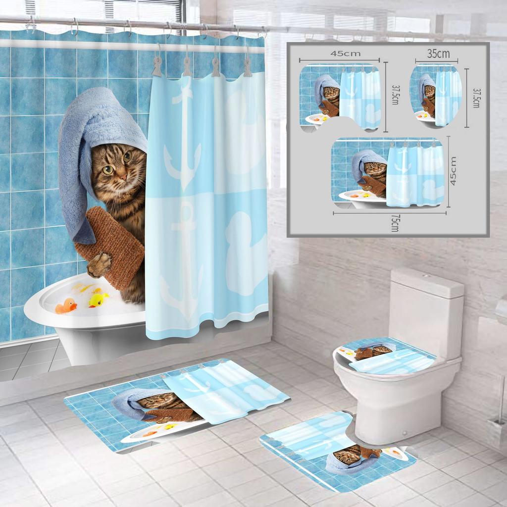Creative Digital Printing Shower Curtain Cat Four-Piece Shower Curtain