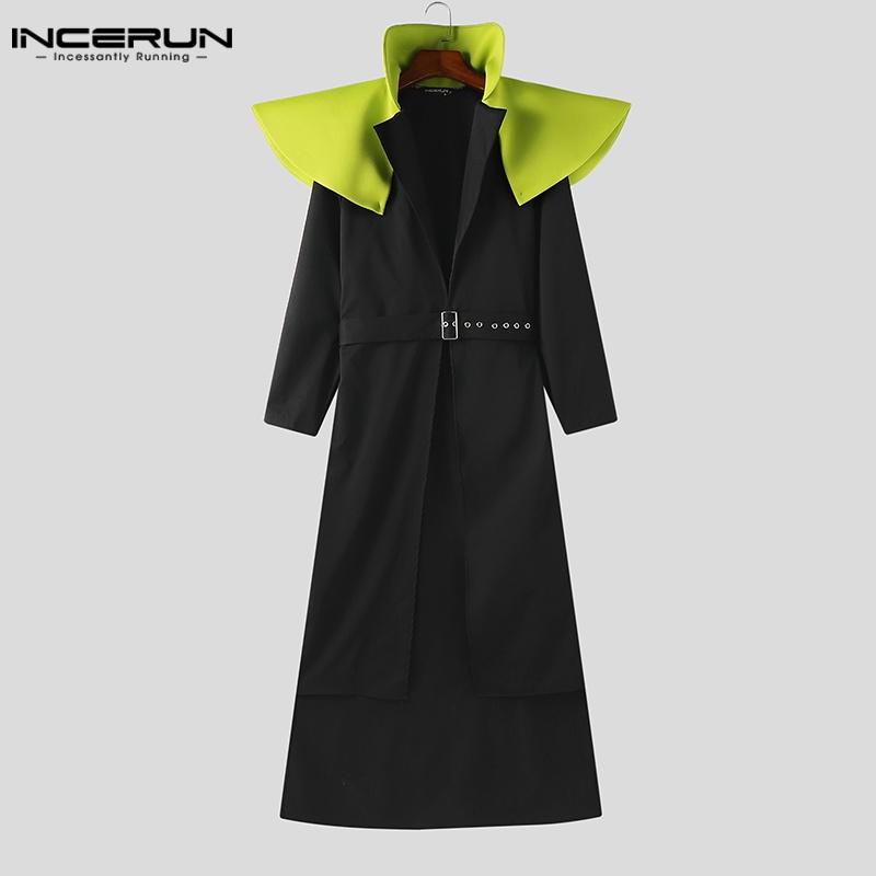 INCERUN Männer Nähte Stehkragen Langarm Gürtel Taille Cosplay Lange Tunika Mäntel