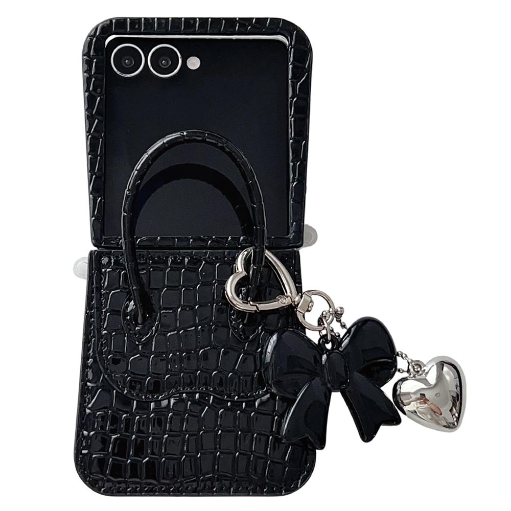 For Samsung Galaxy Z Flip7 5G Case Handbag Crocodile Texture Leather+PC Phone Cover with Bow Heart Pendant