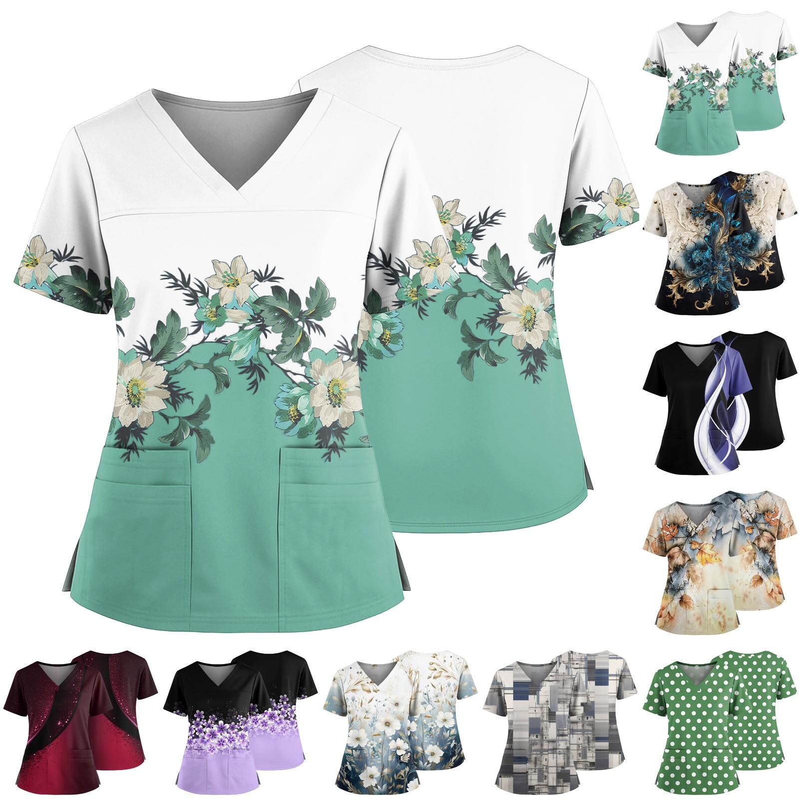 

Women s Casual Printed V-Neck Pocket Side Slit Short Sleeved Top Short Sleeved Top M