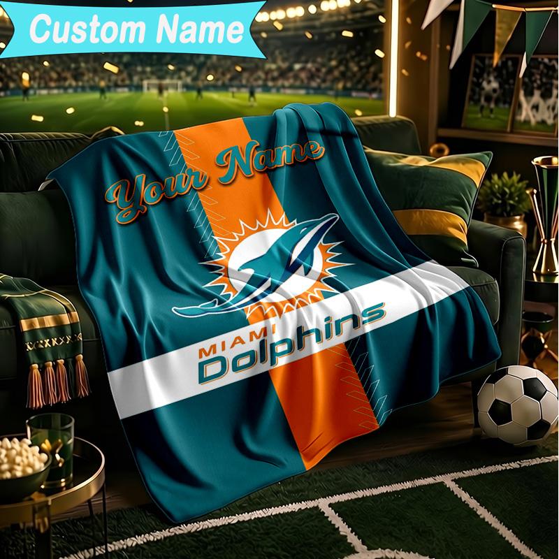 1PC Custom Name Blanket Dolphins Team Flannel Blankets Patterns Throw Blanket All-Season Soft Gift for Couch, Bed, Camping, Birthday Gifts
