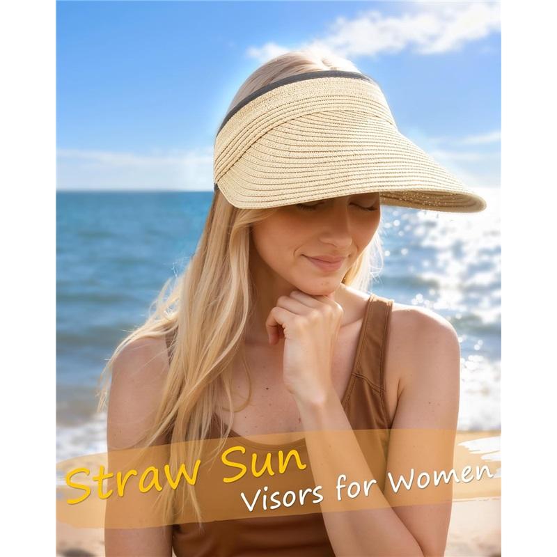Fashion Sun Hats Visor for Women, Straw Beach Hat Adjustable Wide Brim Ponytail Packable for Summer Travel UPF 50