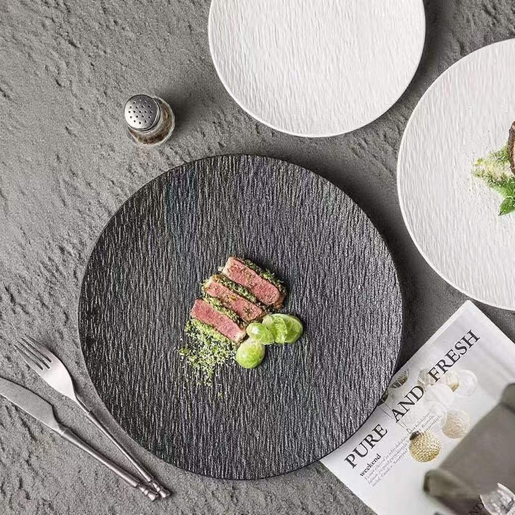 Nordic Style Large Frosted Stone Texture Ceramic Steak Plate - Round, Shallow, Light Luxury Design