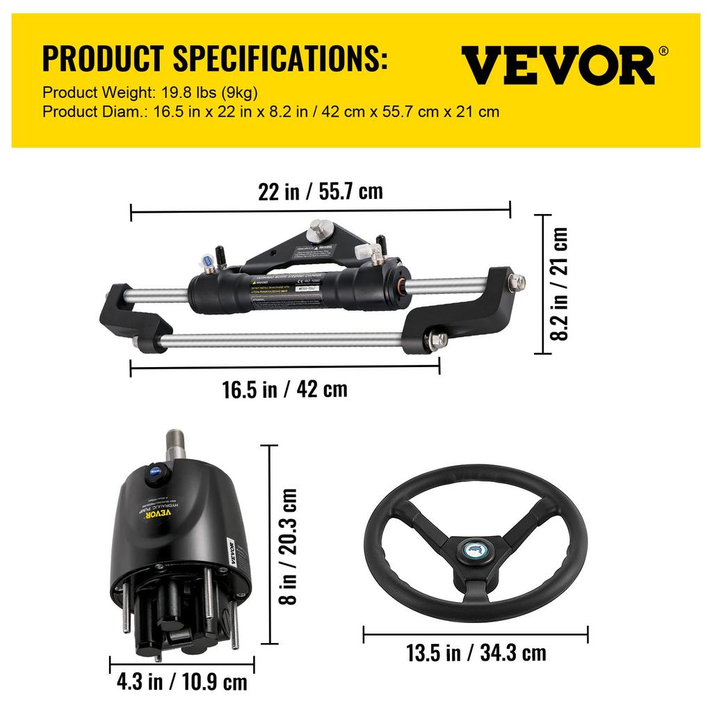 VEVOR Hydraulic Steering Kit 300HP, Hydraulic Boat Steering Kit Helm Pump
