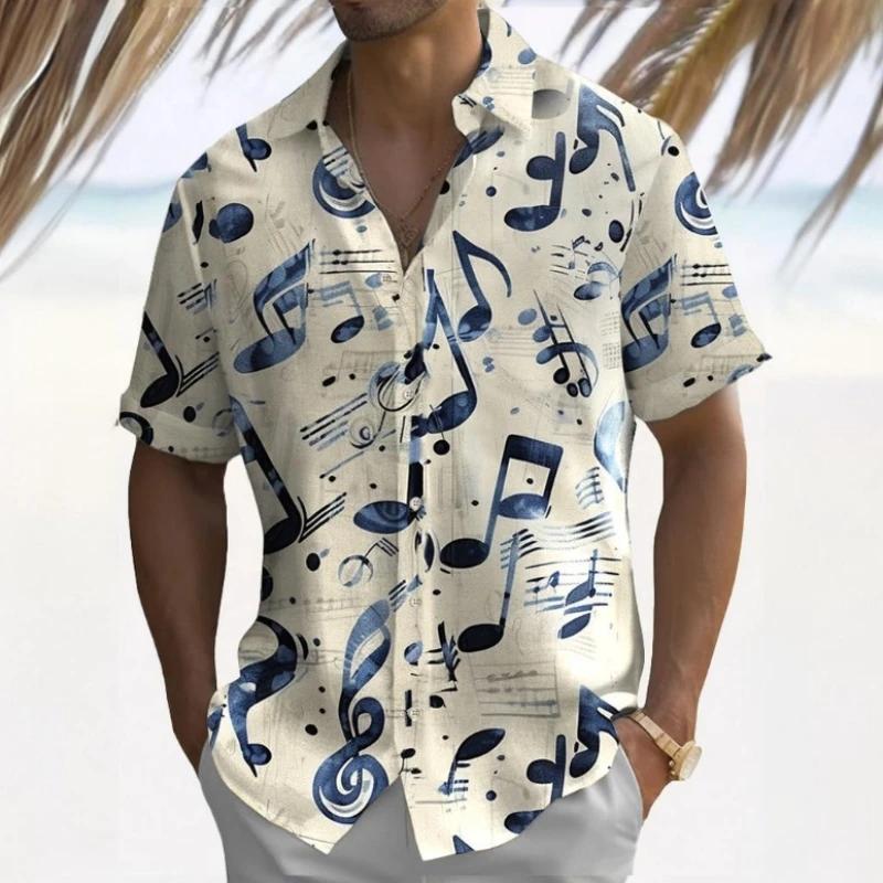 3D-Musiksymbol-Druck Hawaiihemden für Männer Kurzarmhemd Sommer Strand Lässige Herrenkleidung Lose Übergroße Herrenhemdoberteile