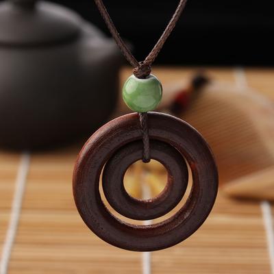 Gifts Bead Ceramics Double-circle Pendant Wood Necklace Long Rope Chain