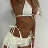 The new product debuts a three-piece bikini solid-color lace-up swimsuit.