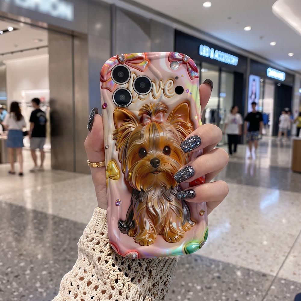 Rainbow Bow Yorkie Love Gem Wavy Edge Phone Case For iPhone 17 16 15 14 13 12 11 8 7 Plus Pro Max Soft TPU Bumper Cover