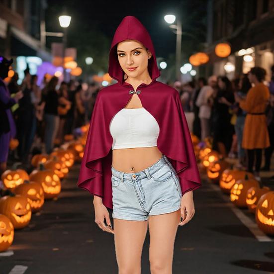Płaszcz Halloweenowy w stylu retro z kapturem, dopasowany, z metalową klamrą dekoracyjną, szal do odgrywania ról, wszechstronny dodatek kostiumowy