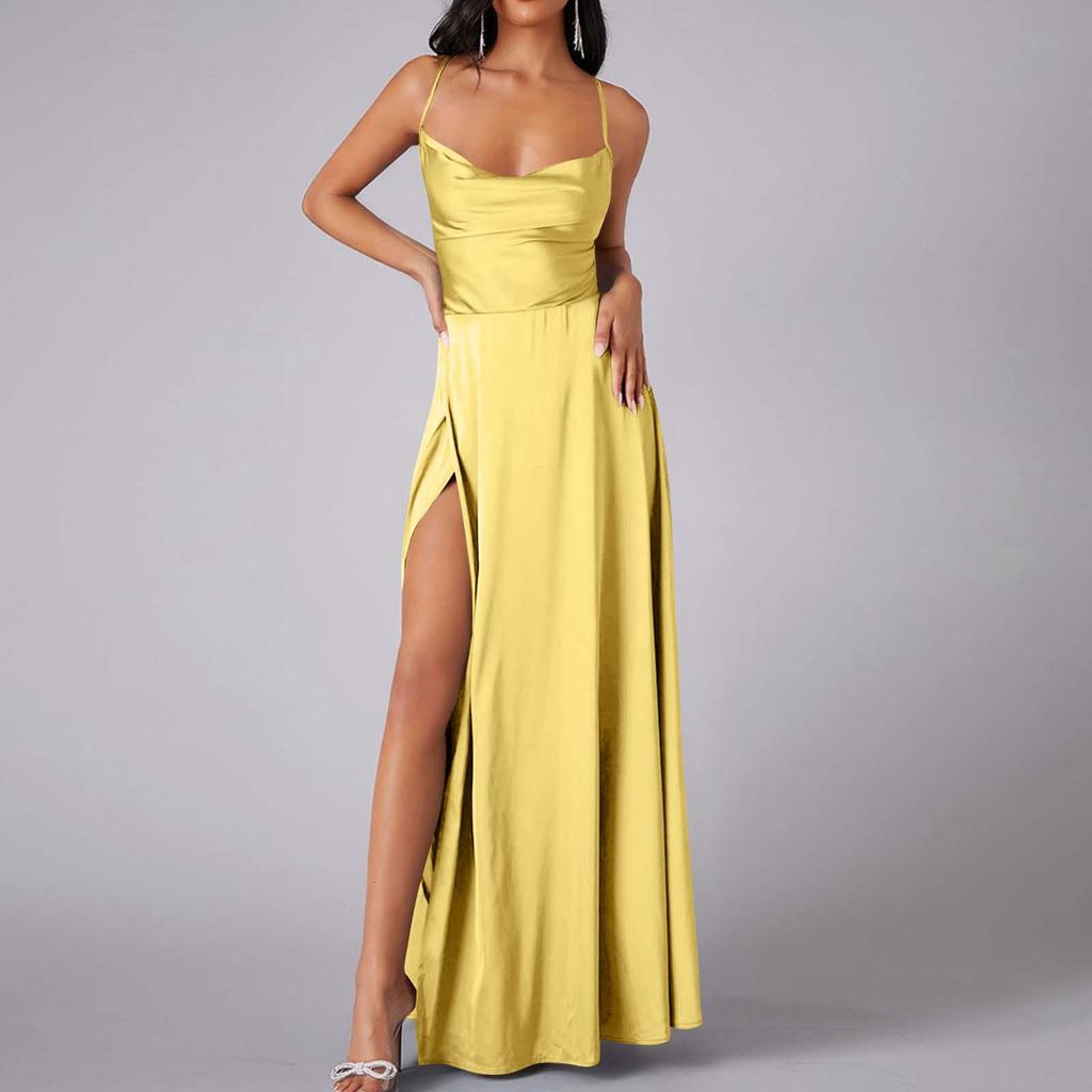 Women Summer Backless Long Satin Dress Cowl Neck Cross Spaghetti Strap Party Long Dress