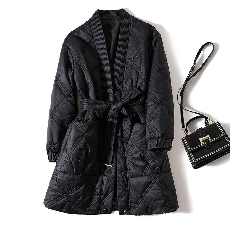 

Buckle Tower Tip Quality! Cool Women V-neck Snap Fasteners Lace-up Double Placket Long Xinjiang Cotton Coat Outerwear Black(Eye-closing entry of sharp goods) 3XL