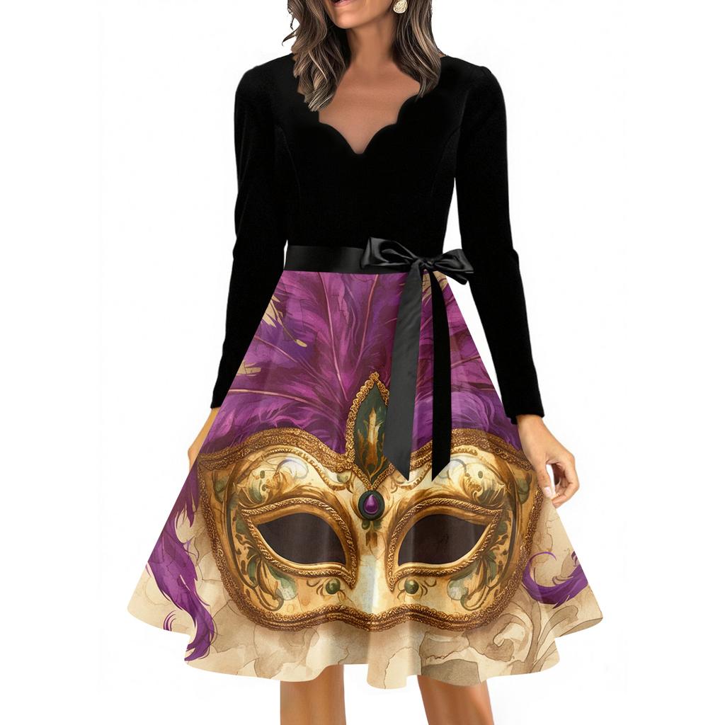 Women's Casual Fashion V Neck Long Sleeve Printed Vintage Long Dress