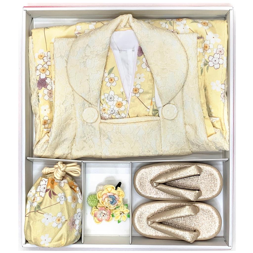 3 Years Old Girl Kimono Set Lace Cover Set Festival Peach Festival and Light Weeping Cherry [Muromachi-st.] Shichi-Go-San Doll's "Light Yellow,