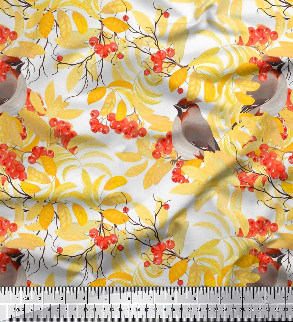 

Японська креп-атласна тканина Soimoi, листя, ягоди та богемський свіристель, принт швейної тканини, метр 42 дюйма 42 Inch Wide - Poly Crepe білий