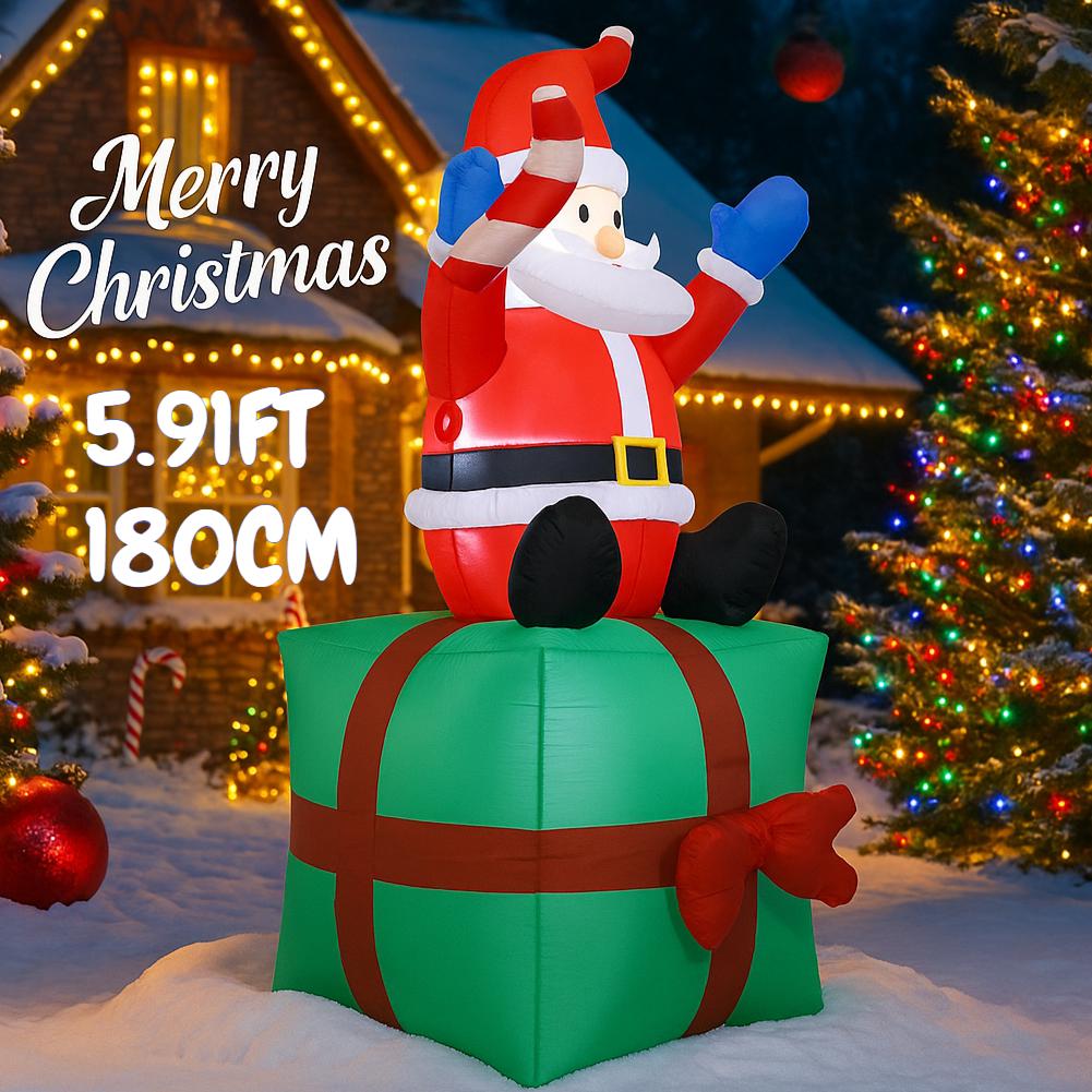 5.91FT Inflatable Toy Santa Claus Gift Box Xmas Decorations for Yard LED Lights Christmas Supplies Home Ornaments Holiday Gift