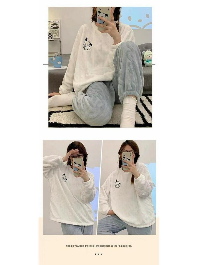 Set de pijama de iarnă din fleece coral pentru femei: Drăguț, Îngroșat, Căptușit cu Velur, Mânecă Lungă, Homewear Larg din Flanel, Purtabil în Exterior