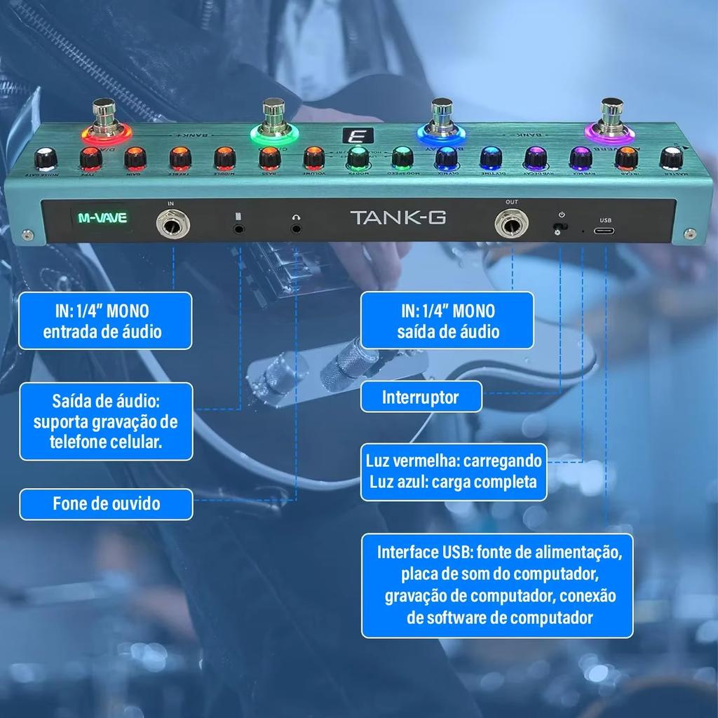 TANK-G Bezprzewodowy Hub Gitarowy | 9 Gniazd Preampu/8 IR + Bramka Szumów | Synchronizacja MIDI Bluetooth i 20h Akumulatorowy Rig Sceniczny