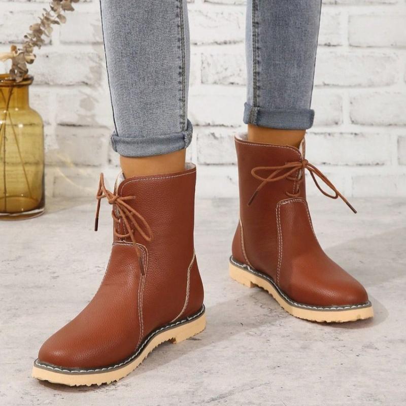 Women New Casual Snow Boots Autumn Winter Retro Women Boots Fashion Plush Lace Up Flat Ankle Boots