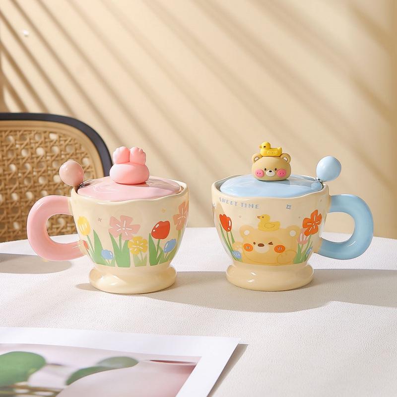 Adorable Rabbit & Bear Ceramic Mug with Lid and Spoon - Perfect for Home or Office