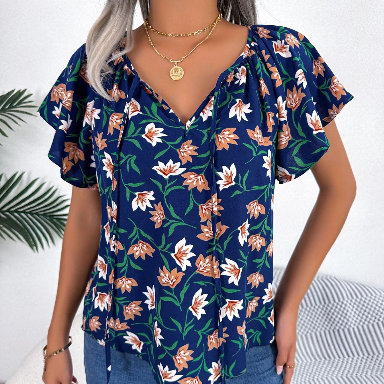 

GMXIA женские модные повседневные летние блузки с круглым вырезом и короткими рукавами и свободные кружевные шифоновые топы с рюшами XL тёмно-синий