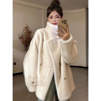 Manteau d'hiver nouveau à col montant épais en fausse fourrure de vison pelucheuse pour femme, manteau court en fausse fourrure pelucheuse