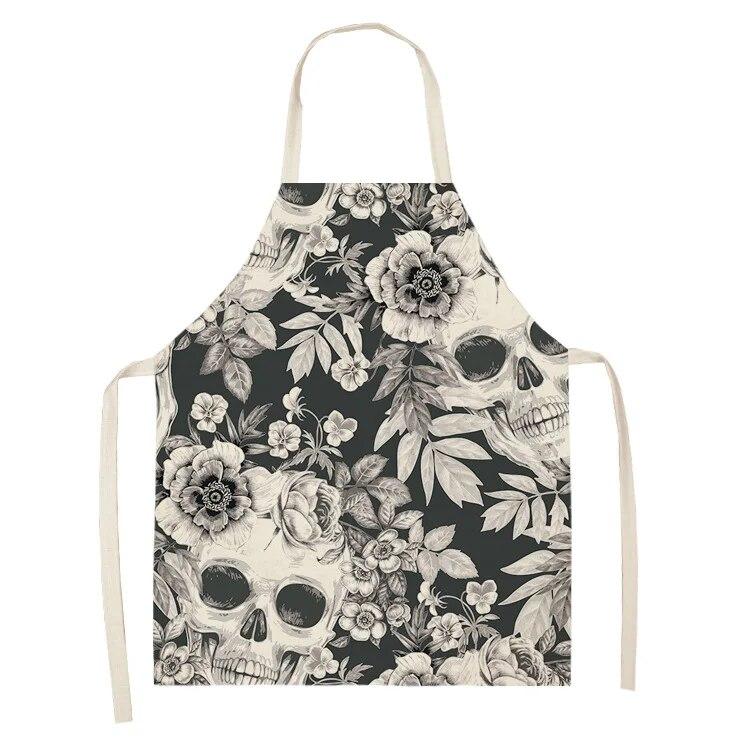 Women's Kitchen Apron Skull Print Waterproof Cooking Oil Proof Linen Stain Proof Chef's Apron Cleaning Tools 47X38CM 68X55CM