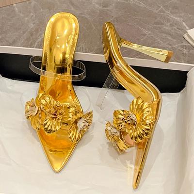Fashion Luxury Women's High Heels Summer Transparent Flower Sexy Pointed Toes Thin Heels Slippers Woman Dress Party Mules Slides Shoes