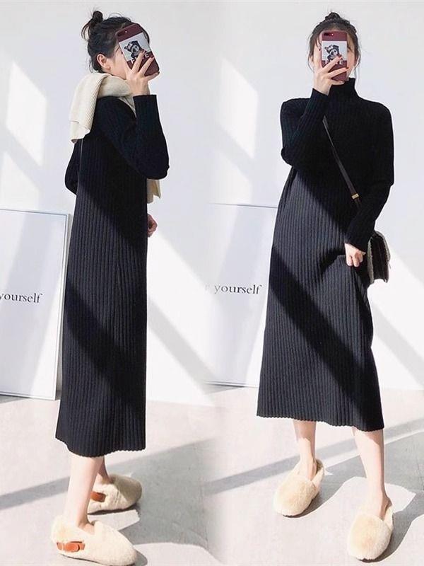 Women's Mid-Length Wool Knit Dress - Loose, Long Sleeve, Half-High Collar, Perfect for Layering Under Coats, Autumn & Winter Wear.