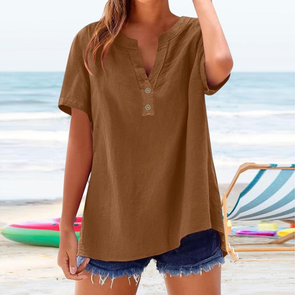Summer Loose Shirts For Women Short Sleeve V Neck Button Plain Shirt Casual Beach Vacation Clothes For Women