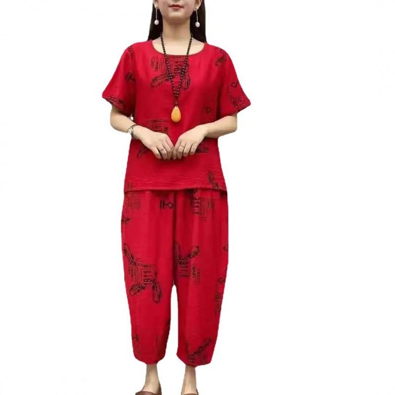 Popular Summer Hemp Short-sleeved Mother's Clothing for Middle-aged and Elderly People, Large Size, Casual, Western Style, Loose Two-piece Trendy Suit