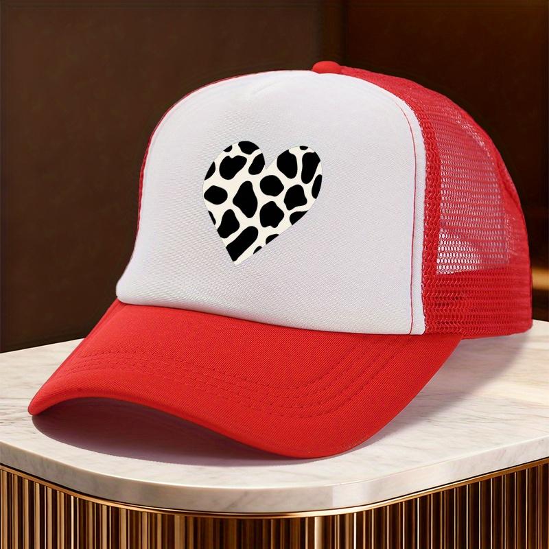Cow Print Heart Mesh Trucker Hat Polyester Casual Unisex Snapback Adjustable Cap