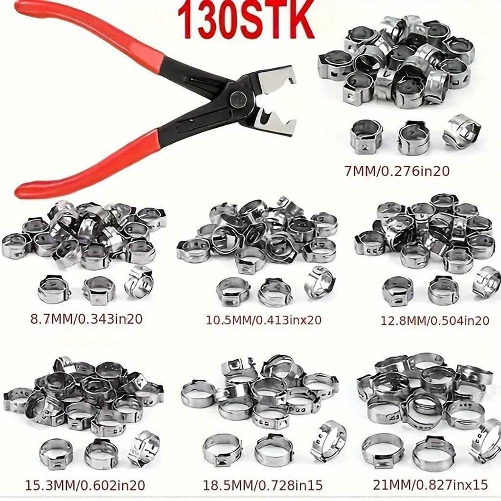 130pcs Single Ear Stepless Hose Clamps +1PC Hose Clip Clamp Pliers 7-21mm 304 Stainless Steel Hose Clamps Cinch Clamp Rings