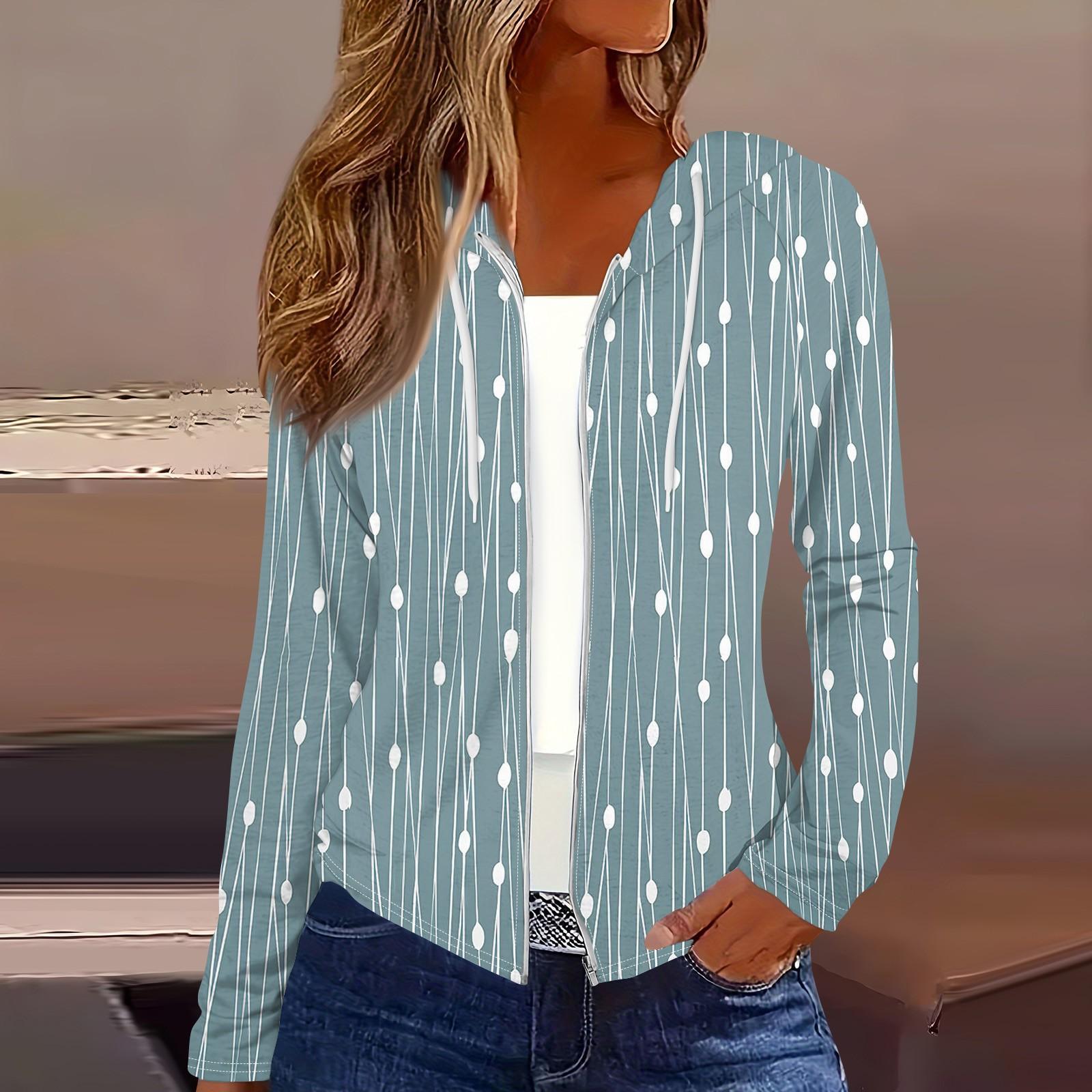 

Женская мода повседневная застежка-молния с капюшоном и принтом с длинным рукавом толстовки пальто XXXL циан