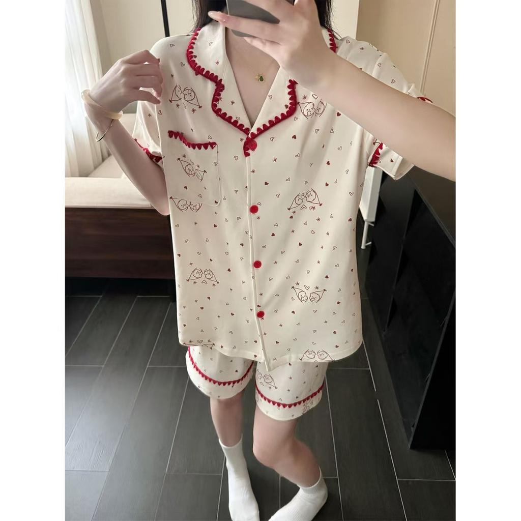 Summer new shell edge love stars girl pajamas summer short-sleeved shorts cardigan two-piece loungewear