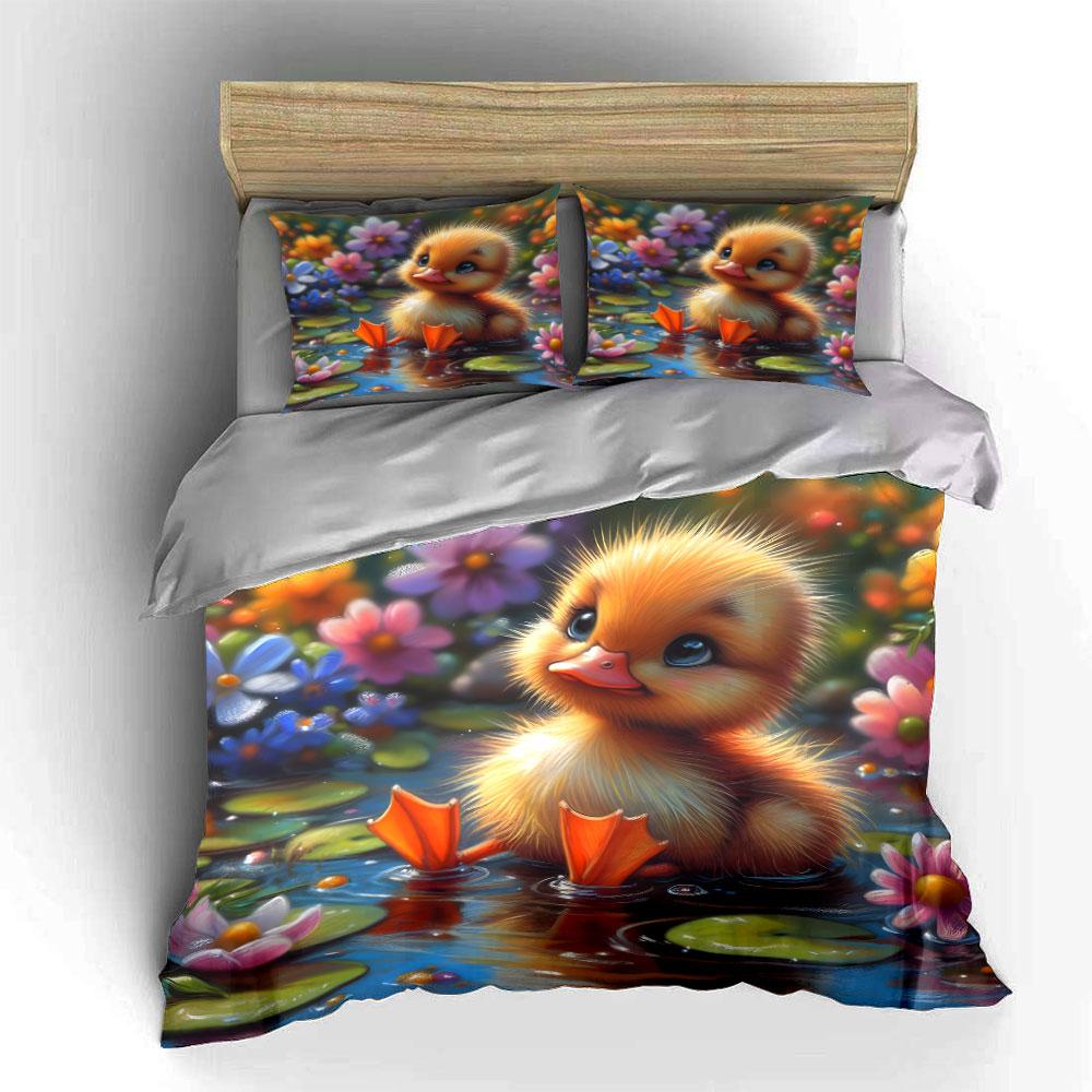 Cute Duckling In Flower Pond Print Soft Comfortable Duvet Cover Bedding Set Included 1*Duvet Cover 2*Pillowcases Luxury Gift