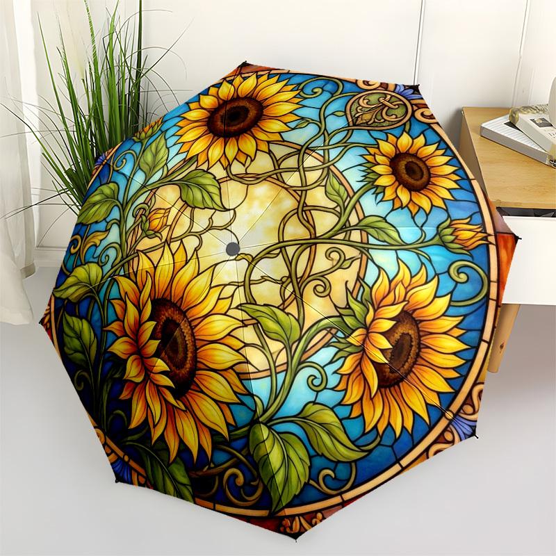 1pc Sunflower Stained Glass Artwork Umbrella with Plastic Handle,Compact & Stylish,Suitable for All Seasons YS331046