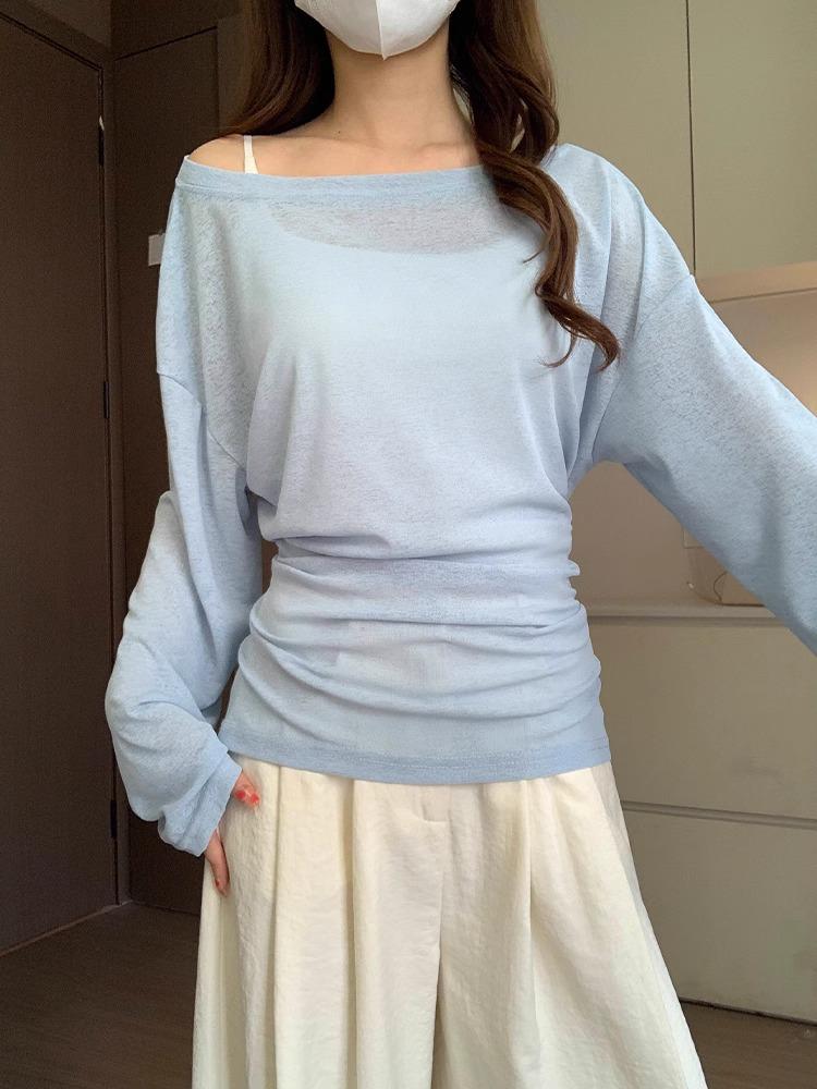 

Женский кардиган топ с открытыми плечами из ледяного шелка - Косой вырез, Длинный рукав, Слегка просвечивающий, Приталенный дизайн M Premium синий