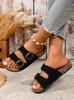 Women's Youth Mules New Spring/Summer Retro Casual Slip-On Shoes Pu Upper Double-Strap Half-Slip Flat Slippers with Adjustable Buckle