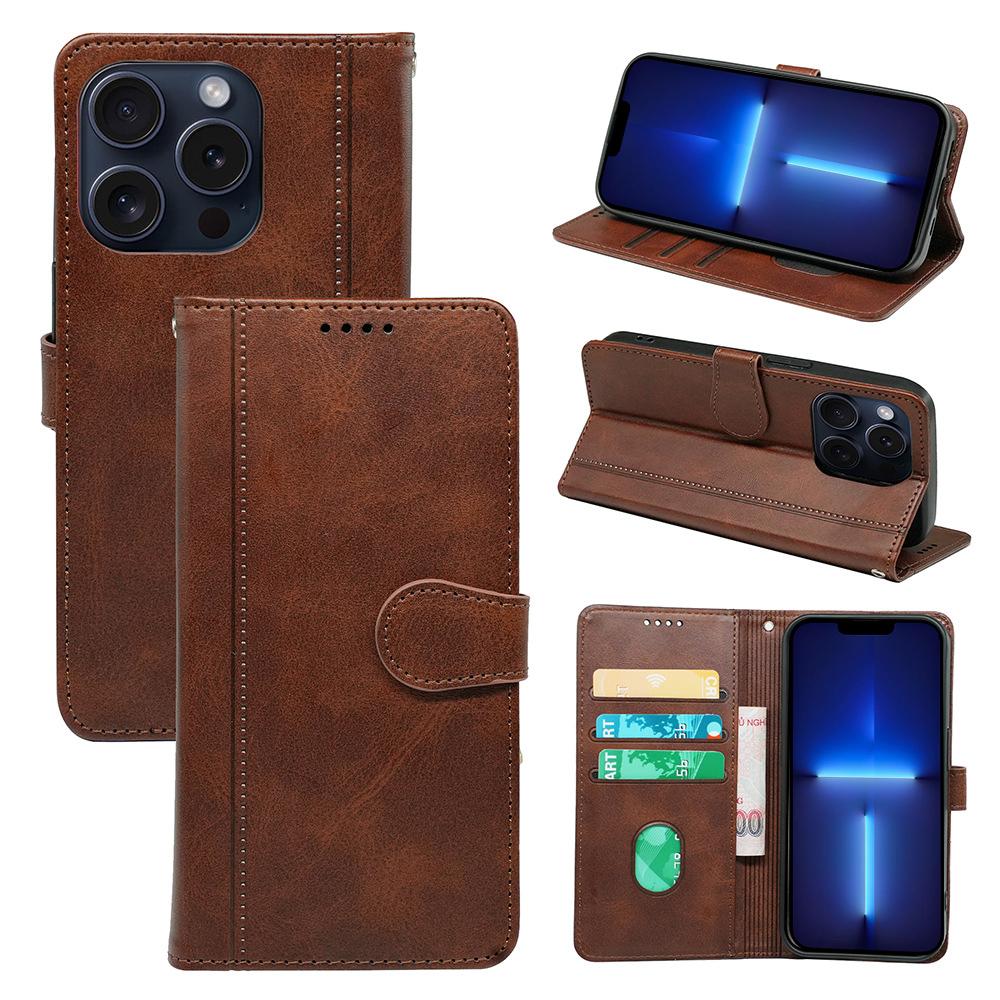 

For iPhone 13 Pro Case PU Leather Calf Texture Phone Cover with Card/Cash Slots Brown