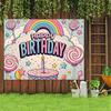 2D Candyland Birthday Backdrop, Pastel Rainbow, Lollipops and Cake Background Cloth