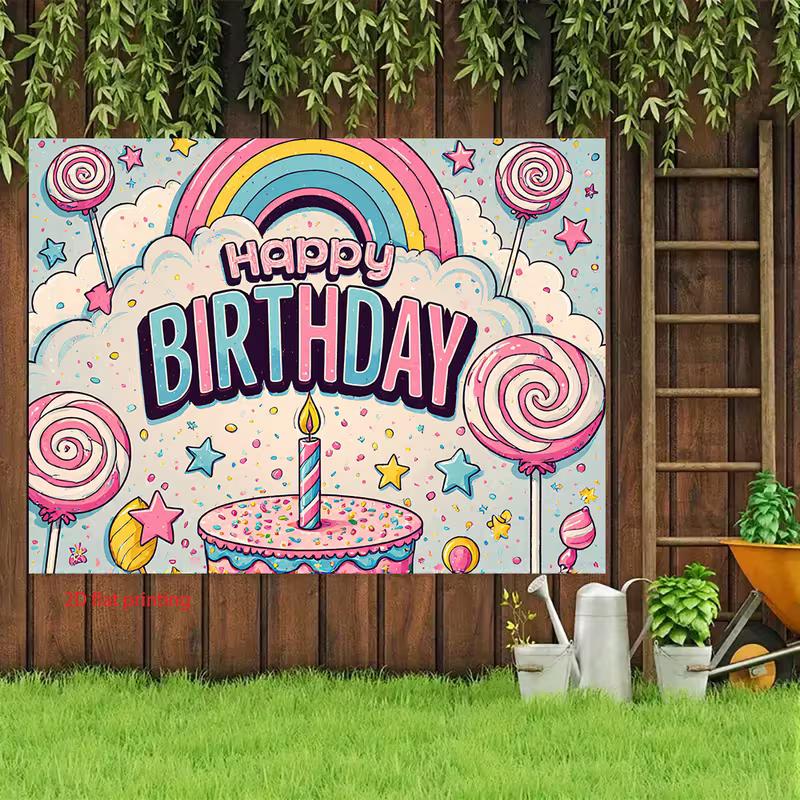 2D Candyland Birthday Backdrop, Pastel Rainbow, Lollipops and Cake Background Cloth