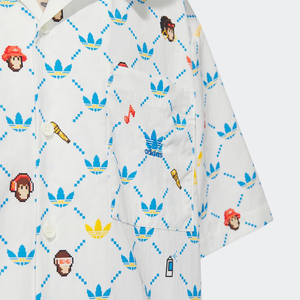 Adidas Originals x Monkey Kingdom Allover Cartoon Print Logo Sports Short Sleeve Shirt Men Tops Pink White IP1803