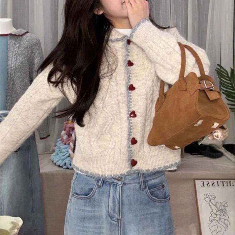 Spring and Autumn New Sweet and Gentle Wind Doll Collar Knitted Cardigan Women's Loose Love Button Soft Waxy Sweater Jacket